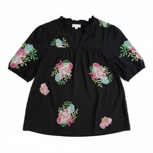 Cato Collection Black Floral Embroidered Cotton Blouse Ruffle Neck Plus 18/20W